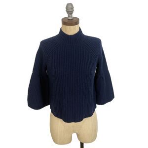 JOIE Cable Mock Neck Crop Sweater XXS Navy Blue Bell Sleeve Wool Cashmere EUC A4